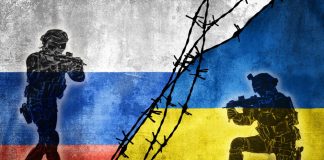 Grunge,Flags,Of,Russian,Federation,And,Ukraine,Divided,By,Barb
